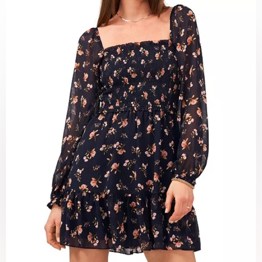 2x 1.State Smocked Square Neck Long Sleeve Dress NWOT